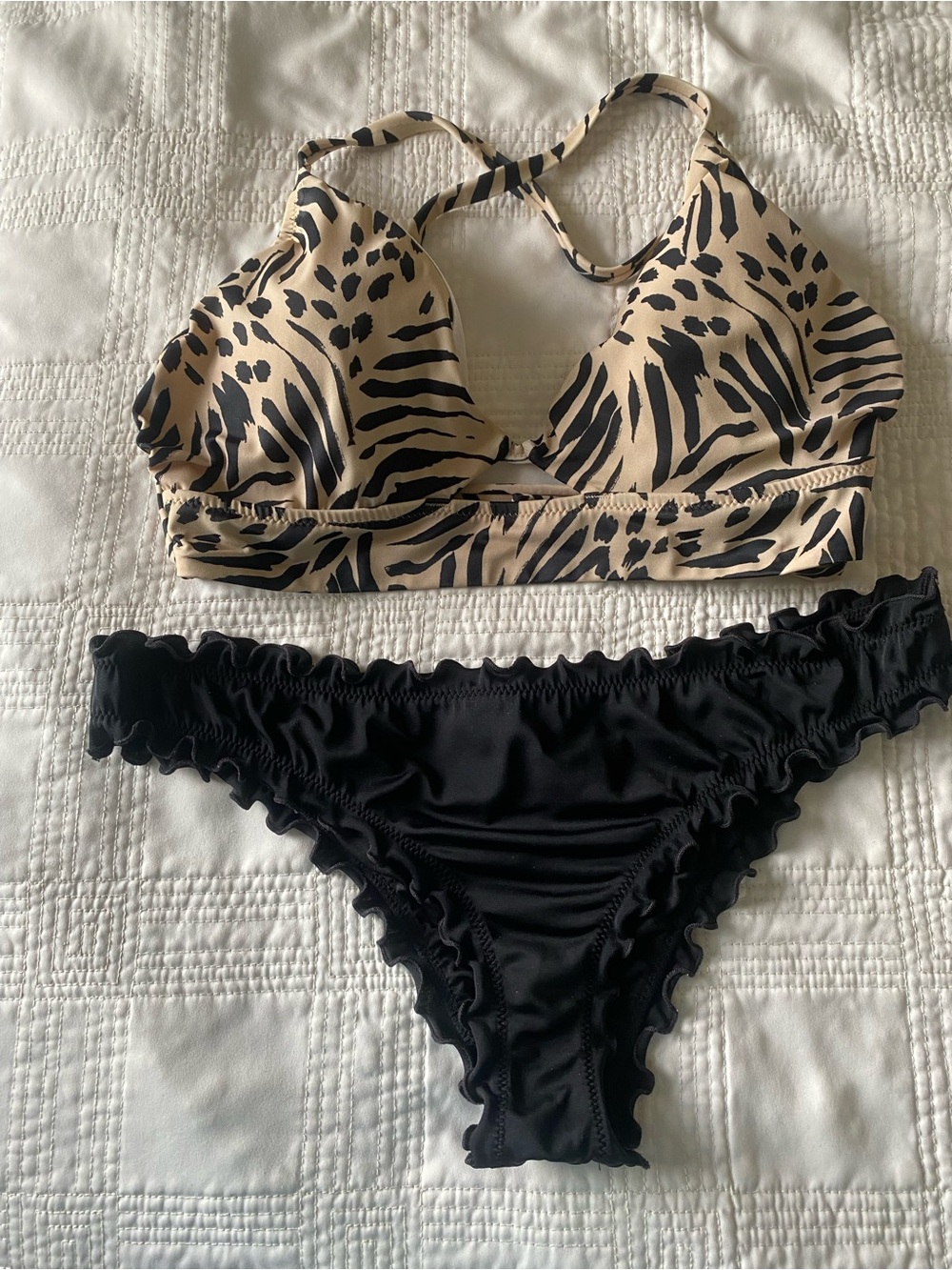 Shade & Shore Beige Animal Print Top with Black Ruffle Bikini Bottoms